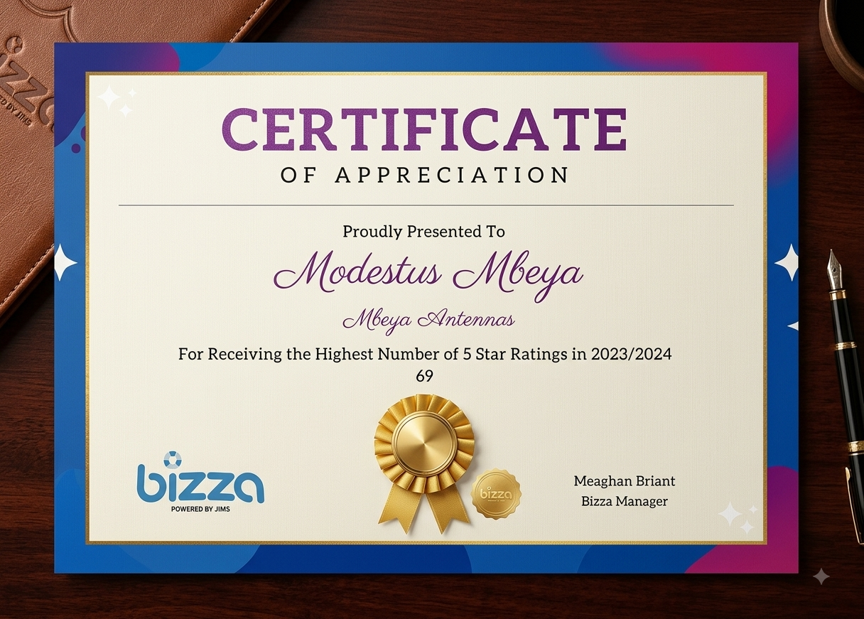 Mbeya Antennas Bizza Certificate of Appreciation